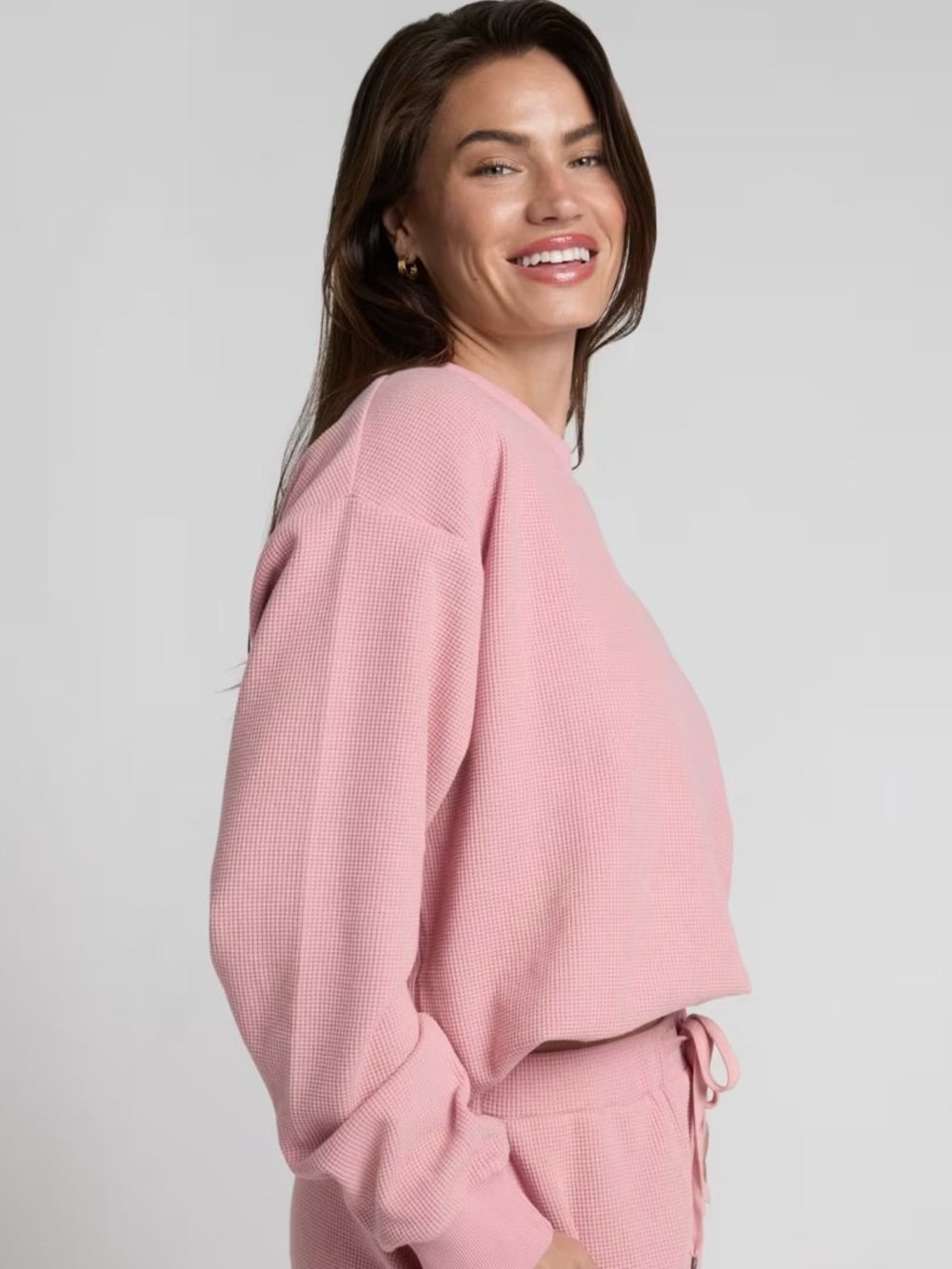 Cozy Pink Waffle-Knit Cropped Sweatshirt